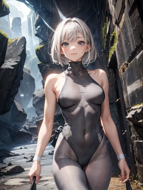 top-quality、Full limbs、complete fingers、Slender beauty、a 25yo woman、Short Bob、silber hair、(((gray high neck leotard:1.5)))、(Black pantyhose)、A big smile、((caves:1.5))、Walking