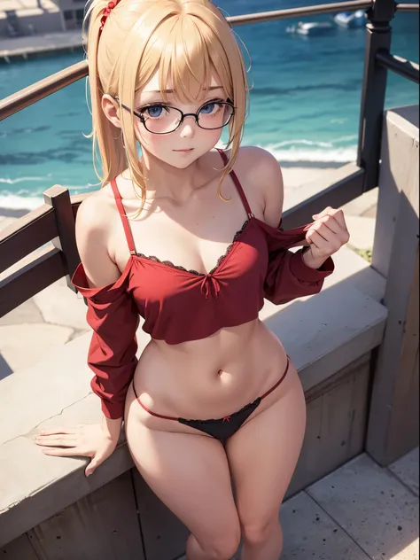 in public, boring, bangs, loli body, 14 year old girl, blonde hair tied in a side ponytail, sensual cleavage, red blouse, small breasts, ass facing the viewer, back to the screen, micro shorts 1.4, Ultra HD, 4k image, glasses, character near the camera, li...