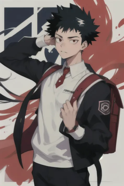 Um estudante de 16 anos da UA High School (fazer anime meu hero academia) with black hair and red eyes wearing the male uniform of a UA high school student wearing a backpack on his back. The 16-year-old boy is leaving UA high school.