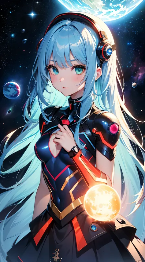 top-quality、Top image quality、​masterpiece、Android Girl((sixteen years old, Cybersuit glowing black, red and white、Blue energy source for the chest,Best Bust、Bust 90、Light blue shiny hair、Longhaire,Cyber Skirt、Blue-green eyes、open chest wide、Valley、Happine...