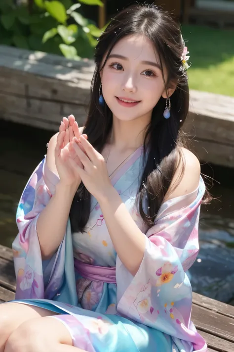 photoRealstic、A smile、Water droplets on the cheeks、In a cute pose、Flowing iridescent silk、up of face、Eye Up、Colorcon with heart pattern、Floral dress、 a heart with both hands、There are also flowers in the foreground、flower petals、season!!: 夏天☀ 🍂