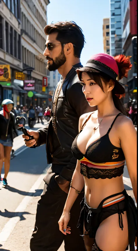 Man with bandit bandana and woman with bandit bandana on face,coming out of a Smokescreen on a city street,Wild west,Villain,Smoke,Dust,The artwork,。.。.3D,4K,Detailed,Realistic