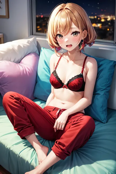 ((Best Quality)), ((masutepiece)), (Detailed), Perfect face、female high-school student、（embarassed face）（red underwear pants，Sit up、barechested）pet、Pillow of hearts)、Take off your pants、Cute pants、black，Own room、during night、Red Bra（turn sideways、pet、I hav...