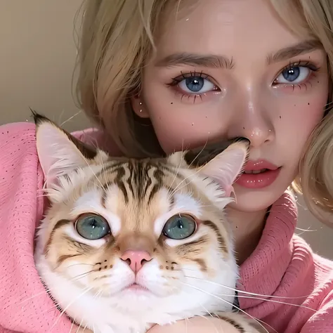 blonde woman in pink sweater holding a cat with blue eyes, very beautiful cute gatinha, menina gato atraente, beautiful young ga...