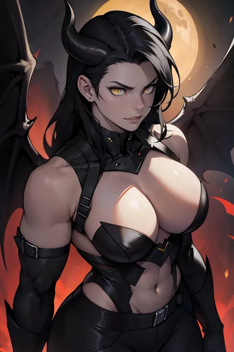 dark evil wings horns pale skin black hair yellow eyes glowing muscular girl large breasts