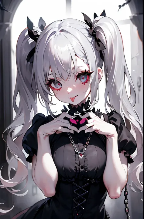 , Colossal, Twin Tails, Silver Hair, Gothic Clothes, Vintage Gothic, Heart Pose, Dark Place, Temple, Cute, Chain, Face Up, Tongue, Pero