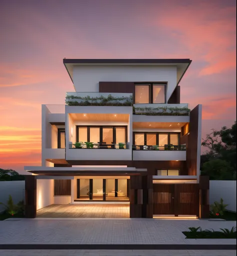 modern villa,exterior villa,sea view,sunset,red sky