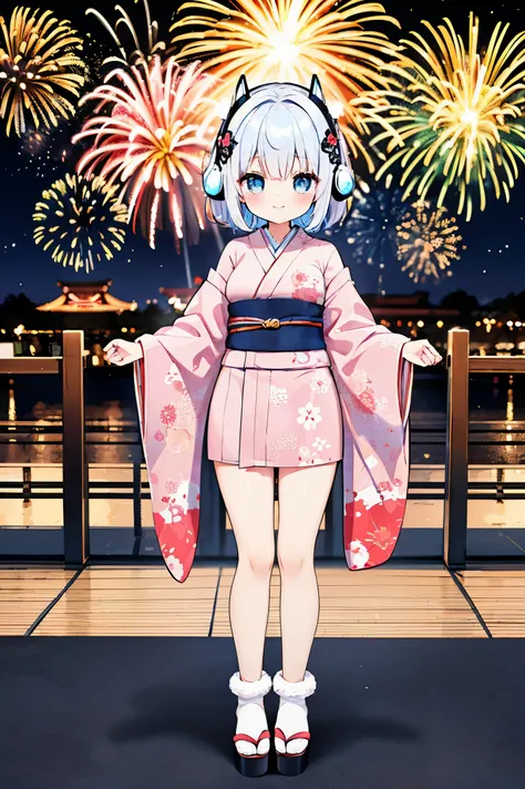 "anime girl, 1 person, silver white hair mixed with black, blue eyes, wearing headphones, womens kimono, same kimono, big breasts, holding cotton candy, long socks, standing cross-legged, shy smile, chibi,full body,festival, New Years Eve fireworks, watch ...