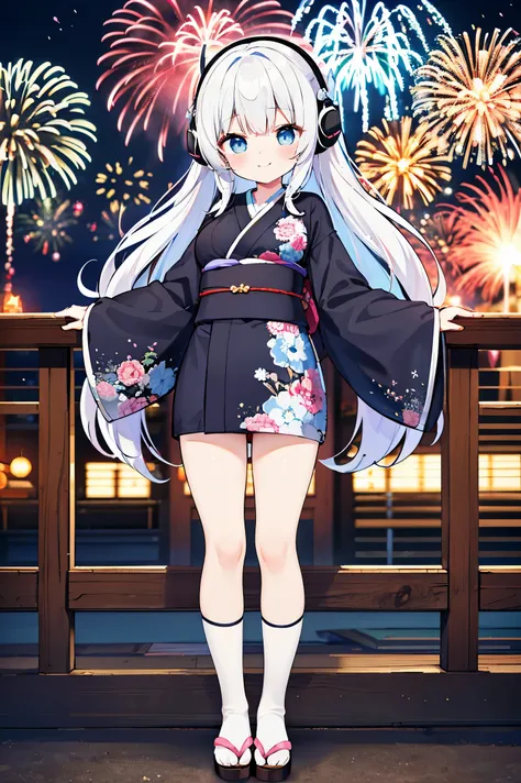 "anime girl, 1 person, silver white hair mixed with black, blue eyes, wearing headphones, womens kimono, same kimono, big breasts, holding cotton candy, long socks, standing cross-legged, shy smile, chibi,full body,festival, New Years Eve fireworks, watch ...