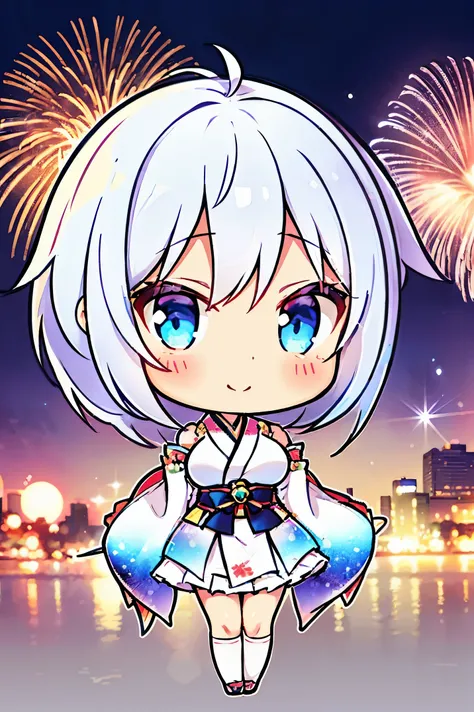 "anime girl, 1 person, silver white hair mixed with black, blue eyes, wearing headphones, womens kimono, same kimono, big breasts, holding cotton candy, long socks, standing cross-legged, shy smile, chibi,full body,festival, New Years Eve fireworks, watch ...