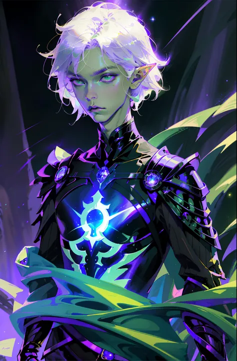 masterpiece, high resolution, high quality, intrincated details, A male elf, magic particles, night landscape, wearing black shiny clothe, purple hair, green eyes, milky skin, innocent expression, soft vine, stars, fantasy