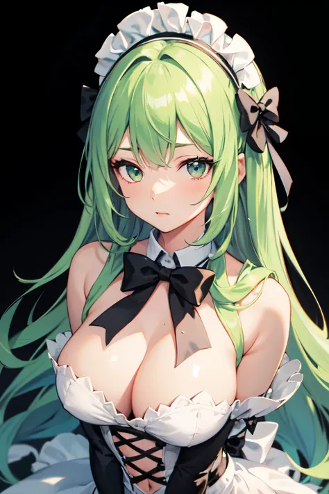 one-girl，Light green hair，long whitr hair，The eye，Black bow，White maid outfit，Shoulders exposed，Expose the chest，simplebackground，looking toward the viewer