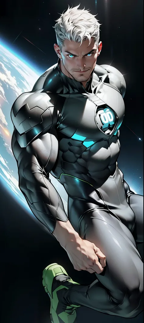 An award-winning original photo, A wild muscular man, (30 years old man:1.3), 1boy, Solo, (wearing a (silver lantern) metal suit), (glowing silver ring on a finger), spikes, neon stripes, white hair, (big shoulder), muscular, hunk, stubbles, Short beard, (...