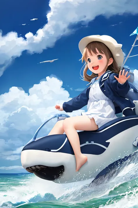 Blue sky and white clouds, swell sea, Little girl rides a white whale, happy.