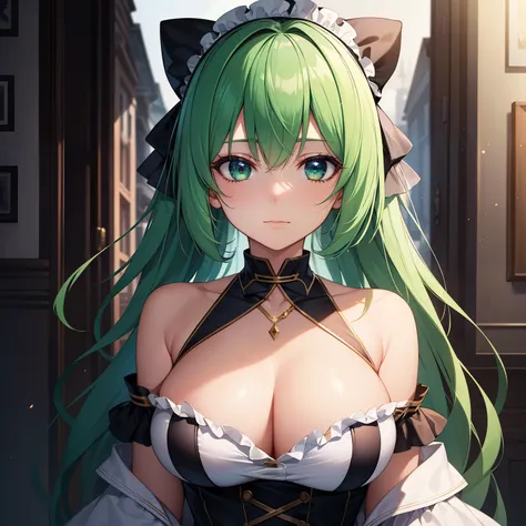 ((tmasterpiece, Best quality, A high resolution, hyper HD, Perfect pixels, depth of fields, 4K, real time transmission, HighDynamicRange))), 1 girl, Single, Alone，Light green hair，long whitr hair，The eye，Black bow，White maid outfit，Shoulders exposed，Expose...