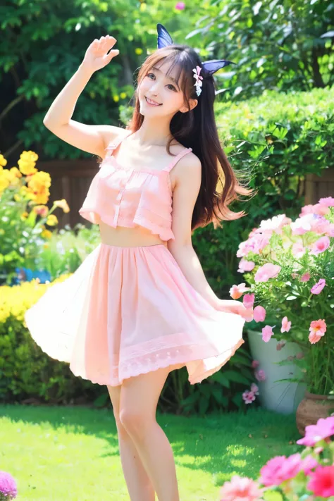 cute anime beauty、Standing gracefully in a garden filled with colorful flowers。Her hair flutters in the wind、My eyes are shining brightly。There are cute animals around、Fantastic fairies are dancing。She feels the beauty of living freely in nature.、Smiling。