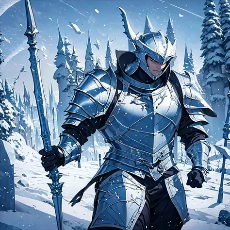 a man wearing heavy armor holding an ice sword