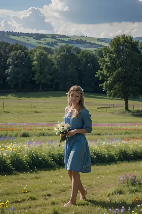 detailed background, masterpiece, top quality, landscape, field, flowers, beautiful young women, blue dress, collecting flowers, barefoot, perfect face, blond hair.