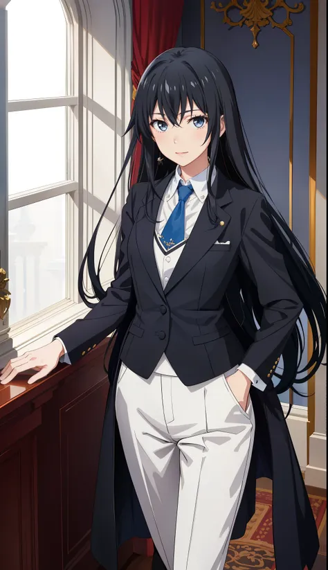 yukinoshita yukino ,woman in formal attractive tailcoat standing in a large alcove in the room , 1girl, solo, blue necktie, blac...