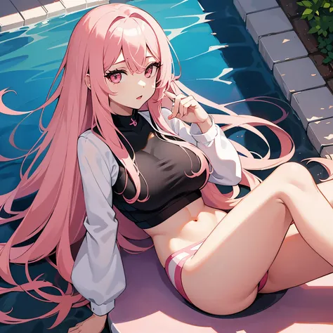 Girl, long pink hair, pink eyes, cute, big breasts, medium thighs, sexy, at pool