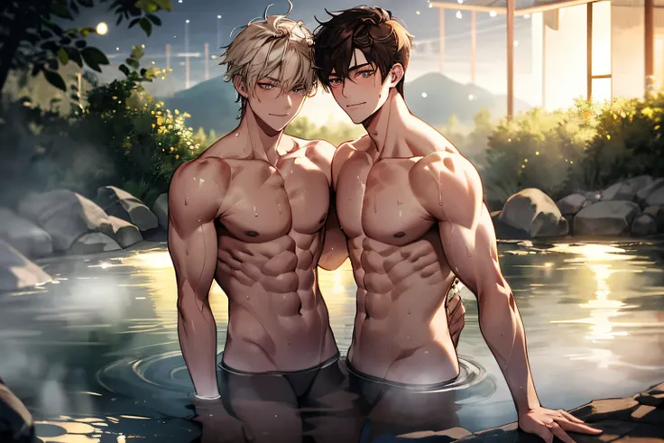 2boys, naked, completely, muscular, handsome, outdoor, bathing with steam, hot spring, onsen, sweat,  look at viewer, depth of field, bokeh,  detailed background, detailed lighting, diffused natural sunlight, diffused natural skin glow, symmetry eyes