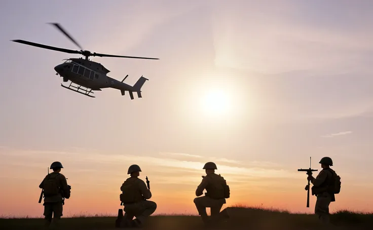 soldiers are silhouetted against a sunset sky as a helicoptere flies overhead, air support, Set photo, photo shot, army, helicopteres, impeccable army composure, At sunset, helicopteres firing, photo shot, helicoptere drones, hero shot, helicoptere, Close-...