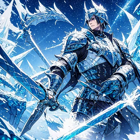 a man wearing heavy armor holding an ice sword