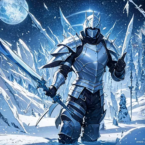 A man wearing heavy armor holding an ice sword