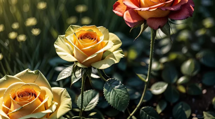 beautiful light green grass , sun rays falling on the grass, and above the grass a large orange rose sparkled with magical sparks, lose petals in the wind,The bright sun is shining, dragonfly sitting on a rose, in good focus,High texture detail,hyperrealis...