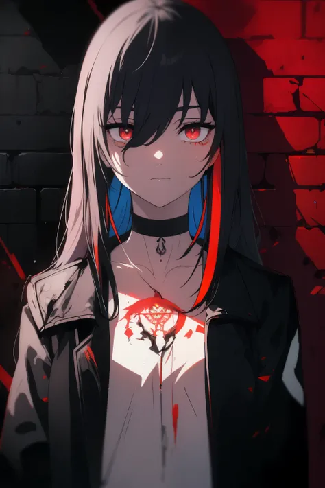 best quality, intricate details, chromatic aberration, 1girl, long hair, black hair, messy hair, red highlights, hair over one eye, red eyes, sharp eyes, choker, neon shirt, torn legwear, open jacket, against wall, brick wall, graffiti, glowing grafiti, gl...