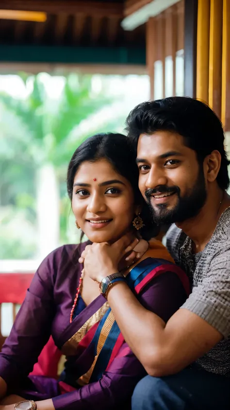 Realistic portrait photo of a man and woman sitting together in a room, facebook post, jayison devadas, vinayak, lovely couple, 8k selfie photograph, reddit post, jayison devadas style, ghutra and egal, candid picture, with kerala motifs, inspired by Odhis...