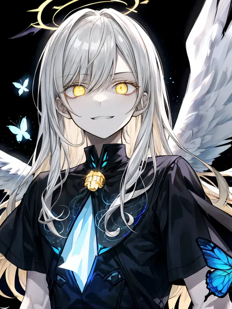 Best Quality、masutepiece、Ultra-detailed、face perfect、Extremely detailed、Extremely delicate、1 boy, (Scary), Angel, Gorgeolanche&#39;The halo), Dark, Glowing eyes, Pale yellow eyes, Angel wings,  holy, , blancheのチュニック, 2対のblanche angel wings, which are full ...