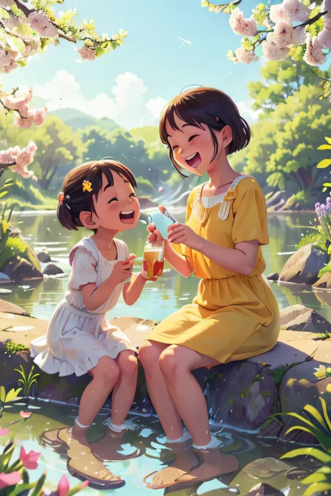 (realisticlying:1.37),Sitting by the river with friends,Open your mouth and laugh,closeup of face,petals,Season Spring,sparkling water,light wind,Colorful flowers,Fresh green grass,Vibrant sunshine,joyful expressions,bond of friendship,relaxing atmosphere,...