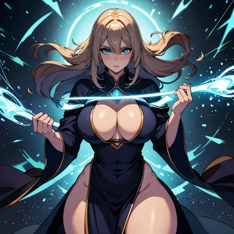 great quality, (1 woman), very focused face, diamond face, perfect eyes, (wearing mage robe), mage robe, strong shadows, detailed face, (casting spell), blue flashes of light, in battle, detailed abs, shinying eyes, (masterpiece), direct light, underlight,...