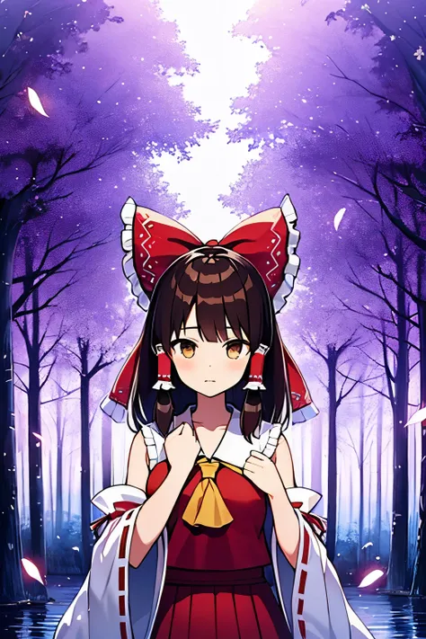 detailed background, masterpiece, best quality, 1girl, hakurei reimu, brown hair, hair tubes, hair ribbon, brown eyes, nontraditional miko, a forest full of purple and white trees, fireflies, water, purple theme, white theme, mystical, magical,