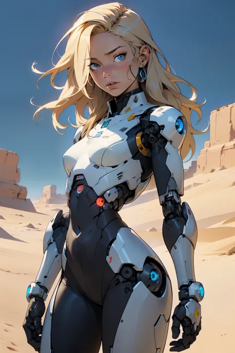 high quality, 4k, masterpiece, beautiful, cyborg girl, cowboy shot, dull eyes, looking at viewer, long blonde hair, girl, small breasts, fit thigh, robotic arms, robotic body, cyborg body, yellow accent, intricate detail, joint, detailed lines, robotic det...