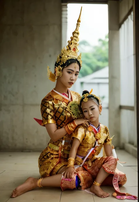 1 Thai woman,  1  Thaiboy  wearing in a thai traditional style,Photorealestic