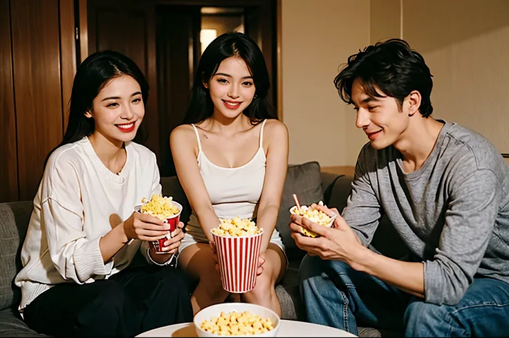 1 beautiful latina woman， 3 men,  eating popcorn, Smilingly, Luxury apartment, looking over city