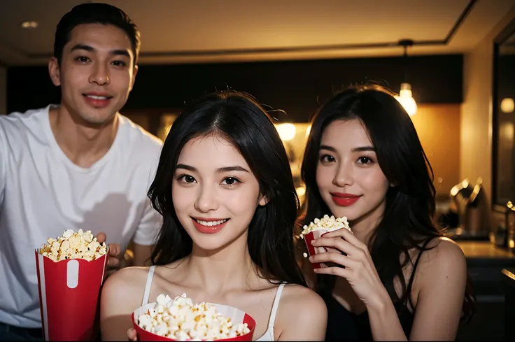 1 beautiful latina woman， 3 men,  eating popcorn, Smilingly, Luxury apartment, looking over city