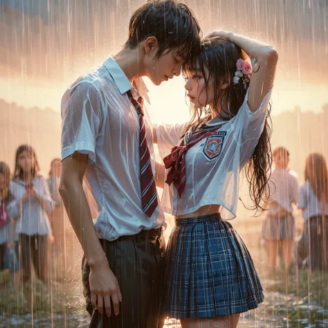 realistic art, there is a woman:right and ((handsome masculine man with short hair:left)) in an indonesian school uniform hugging in the rain, wet messy shirt, wet skirt, pretty girl standing in the rain, after rain and no girls, at school field, raining, ...