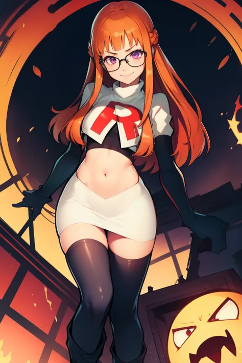 futaba sakura, orange hair, long hair, purple eyes, glasses, team rocket, team rocket uniform, red letter R, white skirt, white crop top, black thigh-highs boots black elbow gloves, evil face, evil smile