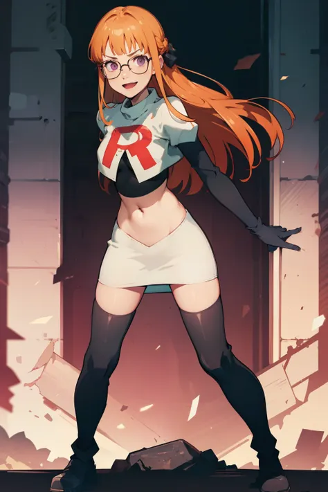 futaba sakura, orange hair, long hair, purple eyes, glasses, team rocket, team rocket uniform, red letter r, white skirt, white ...