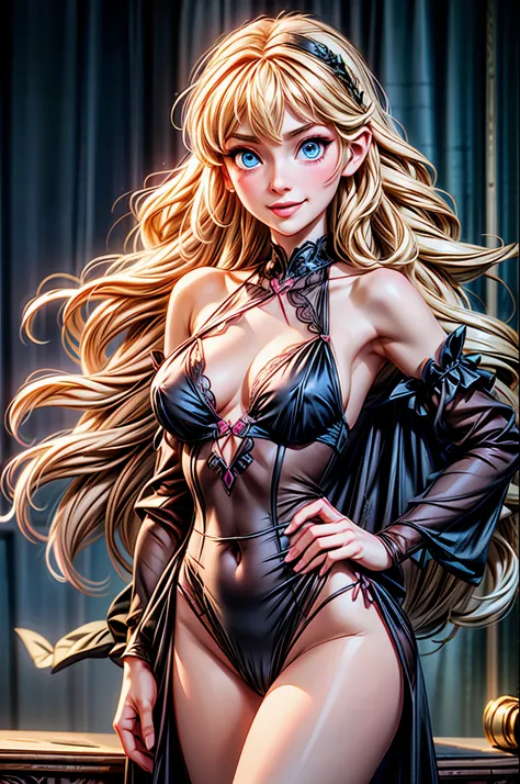 Princess Eilonwy,blonde hair,blue eyes,black hair band,long hair,smile,half-lidded eyes,blush,pink negligee,sexy pose,nipples,cameltoe,