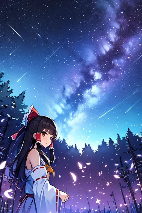 detailed background, masterpiece, best quality, 1girl, hakurei reimu, brown hair, hair tubes, hair ribbon, brown eyes, a forest full of purple and white trees, fireflies, purple theme, white theme, stars, milky way, cloud