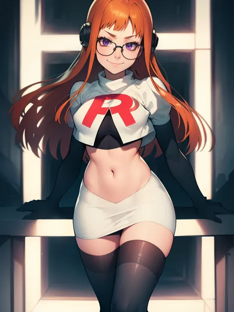 futaba sakura, orange hair, long hair, purple eyes, glasses, team rocket, team rocket uniform, red letter r, white skirt, white ...