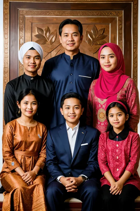 hyper ultra realistic photographs of a ((best quality)), ((masterpiece)), (detailed), perfect face, ultra realistic family portrait Indonesia batik, Muslim clothes, 1 man 48yo, 1 woman 47yo, 1 boy 18yo, 1girl 12yo, 1boy 8yo, Esthetic. ratio 16:9, 4k, 8k re...