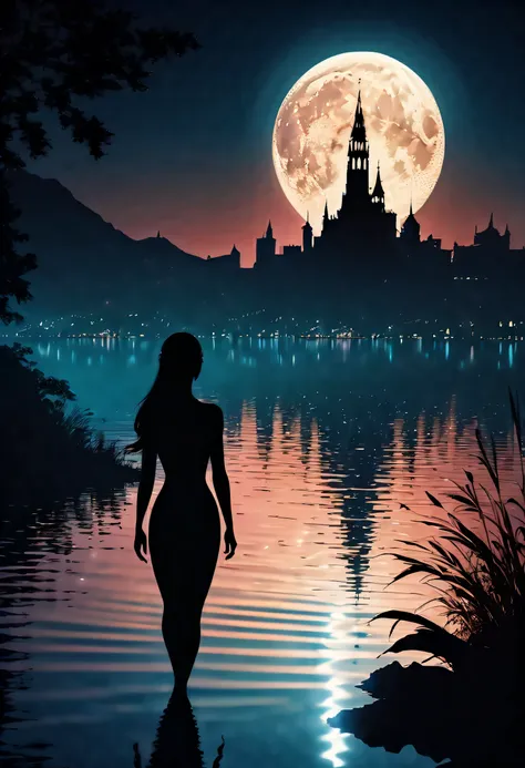 night view, cinematic angle, (((you can see the city under the lake water:1.3))), eternal fantasy, (((silhouette woman on the la...