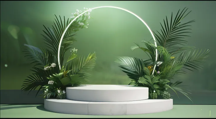 Podium close-up，There are plants on it, stage background, background environment. 8K, stage, foreground background, round background,, high quality rendering, Surreal background, high quality topical render, random background scene, The background is heave...