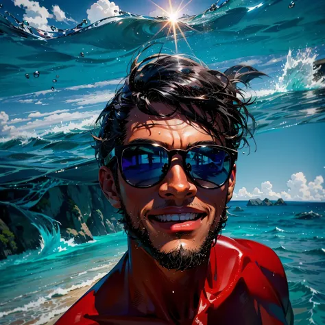 sharp man with sunglasses standing in shallow water on the beach, caio santos, na praia, na praia, imagem do avatar, em uma praia, standing na praia, zac retz, posando em uma praia com o oceano, oceano ao fundo, em uma praia tropical, foto de praia, dia en...