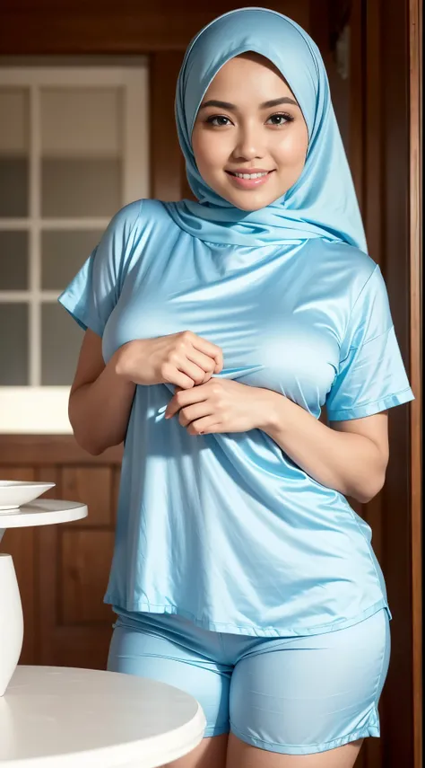 ((Close up)),RAW, Best quality, high resolution, masterpiece: 1.3), beautiful Malay woman in hijab,Masterpiece, perfect fit body, big breast,thick thighs, big gorgeous eyes, perfect hands, open mount,Soft smile,beutifull face,woman in a blue pajamas and sh...